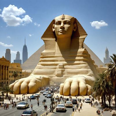 The primary subject of the image is a large statue of a pharaoh, likely a depiction of the Egyptian god Ra. The statue is prominently displayed in the foreground, towering over the surrounding area.

The setting is a busy city street, with numerous people walking around and engaging in various activities. There are several cars parked or driving along the street, adding to the bustling atmosphere.

The visual style of the image is a combination of photo and digital art, creating a unique and captivating scene. The colors and mood of the image are vibrant and lively, reflecting the energy of the city and the excitement of the people around the statue.